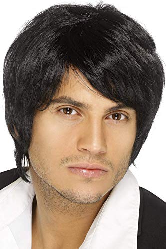 Man wearing a short, black, layered wig with side-swept bangs.