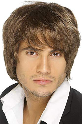 Brown, layered wig styled in a boy band fringe on a model.