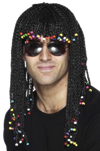 Black braided wig with colorful beads, worn on a person’s head.