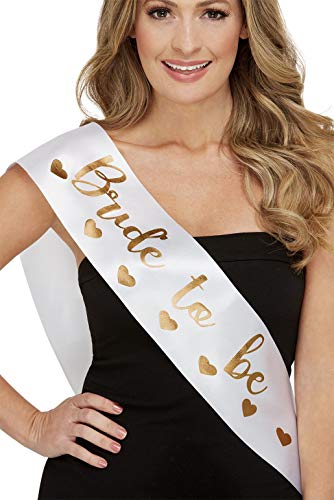 White satin sash with gold lettering reading "Bride to be" and hearts.