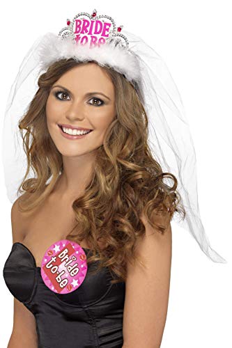 Woman wearing a white veil and tiara with "Bride to Be" lettering.