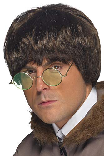 Brown Britpop wig on a model wearing round tinted glasses.