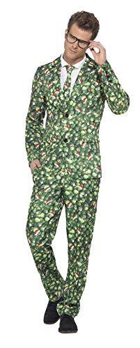 Man wearing a green suit patterned with Brussel sprouts.