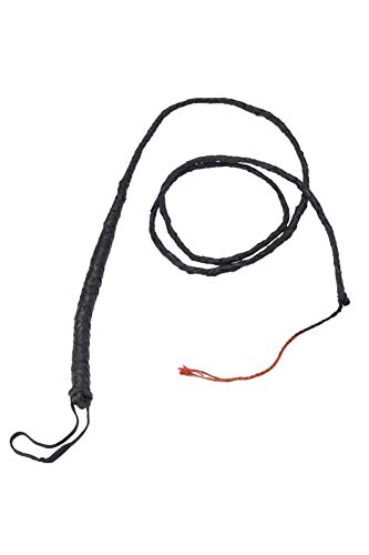 Black bull whip with a looped handle and red accent cord.
