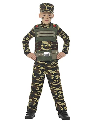 Boy in a green camouflage military costume with cap and vest.