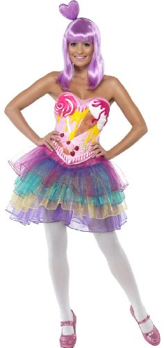 "Woman wearing a colorful candy-themed costume, purple wig, and pink shoes."