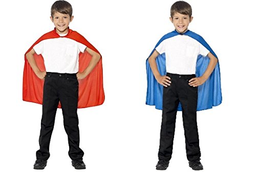 Boy wearing red and blue capes, full body shot.