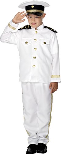 A child wearing a white captain costume with a matching hat and gold accents.