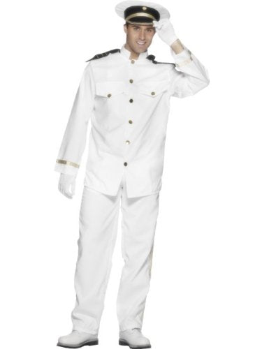Man wearing a white captain’s uniform and saluting with gloved hand.