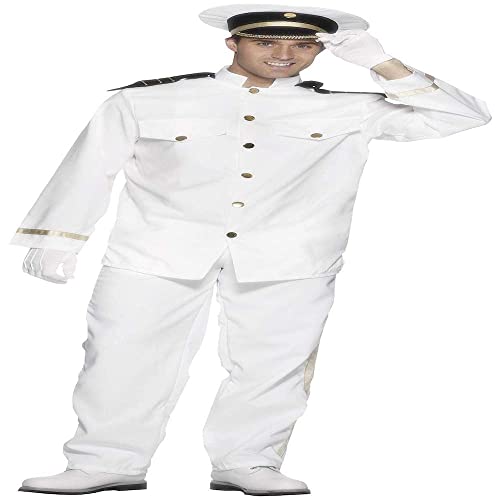 Man wearing a white captain costume, matching hat, and white gloves against white background.