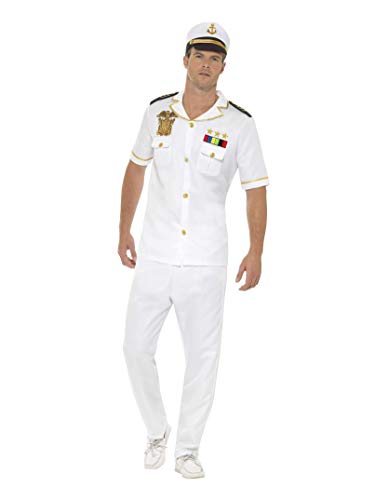 Man in white naval uniform with gold buttons and hat on plain white background.