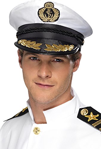 White captain's hat with gold detailing and black band, worn by a man.