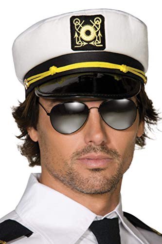 White captain's cap with black peak and gold detailing, worn with sunglasses.