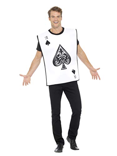 Man wearing a playing card costume, Ace of Spades design.