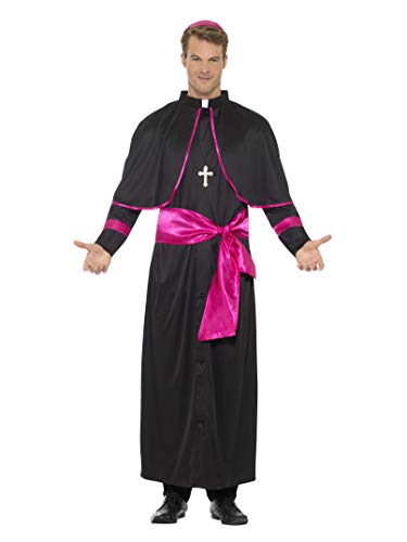Man wearing a black cardinal costume with pink accents and a cross.