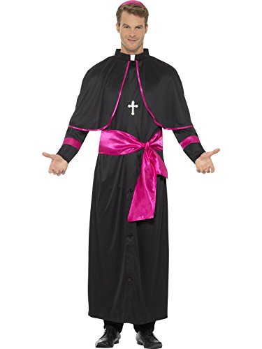 Man wearing a black cardinal costume with pink sash and silver cross.
