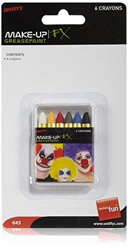 Packaged Smiffys greasepaint crayons with 6 colours and clown face designs.