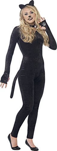 Woman in a black cat costume, including a jumpsuit, headband, and tail, posing.