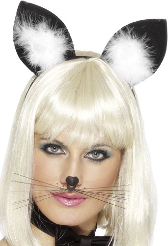 Black cat ears headband with white marabou trim and fake whiskers on a blonde model.