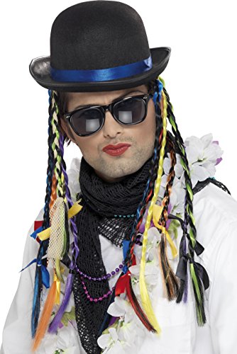 Black bowler hat with colorful braids and sunglasses worn by a person.