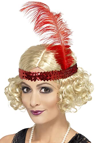 Blonde curly wig with red sequin headband and feather plume.
