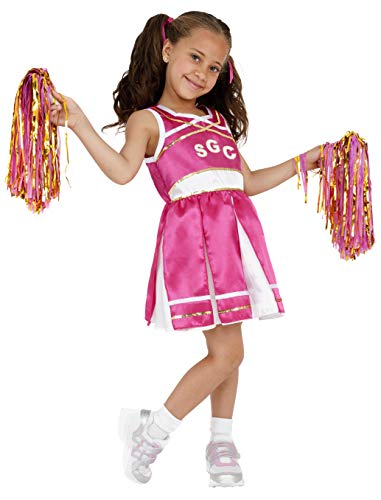 Young girl in pink cheerleader costume holding colorful pompoms against white background.