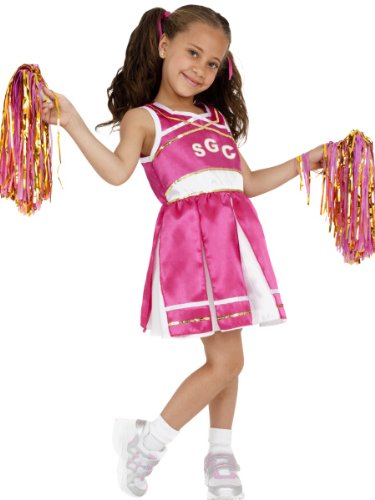 Young girl in a pink and white cheerleader costume with pom-poms.