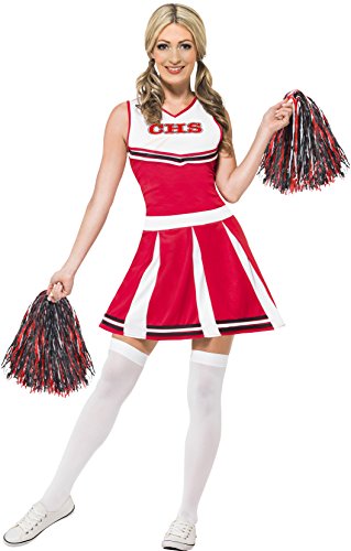 A woman wearing a red and white cheerleader costume, holding red and black pom-poms.