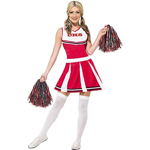 Woman wearing a red and white cheerleader costume with pom-poms and white thigh-high socks.