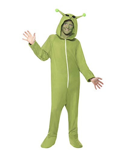 Child in a green alien jumpsuit costume with hood and antennae.