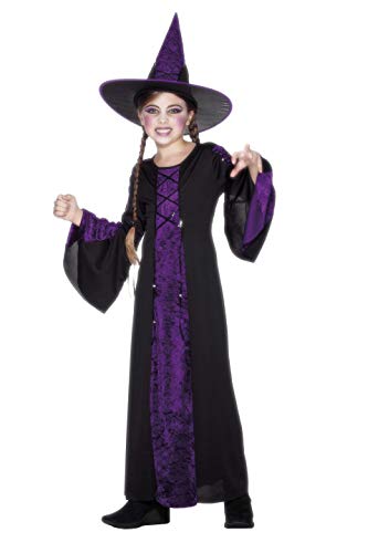 Girl wearing a black and purple witch costume with a pointed hat.