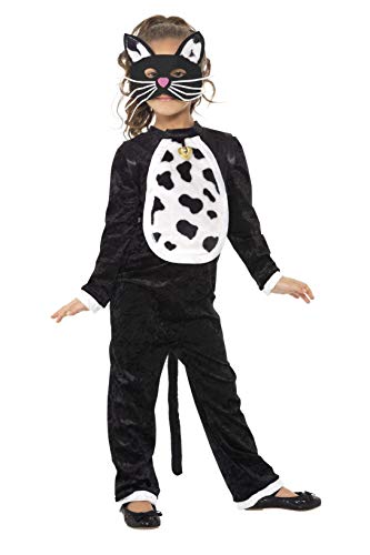 Child in a black cat costume with white chest and mask.