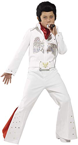 Boy in a white Elvis jumpsuit costume with red scarf and microphone.
