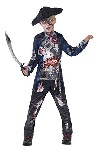 Child in zombie pirate costume holding a curved sword.