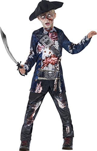 "Child dressed in a tattered pirate zombie costume, holding a sword, against a white background."