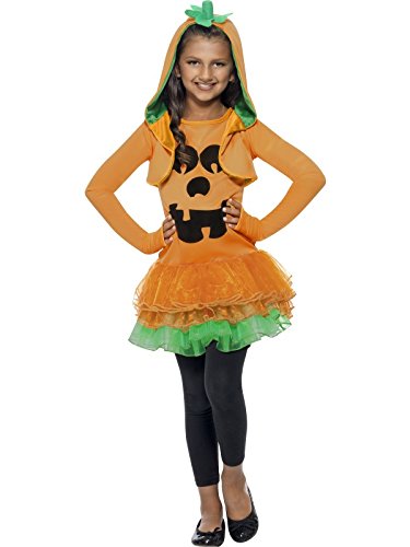 Girl in an orange pumpkin costume with a green hooded jacket.