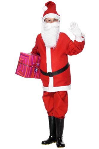 Child in a red and white Santa Claus costume holding a gift.