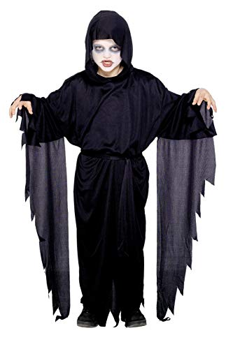 Child in a black hooded ghost costume with pale makeup.