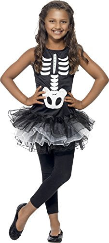 Girl wearing a black and white skeleton-printed tutu costume.
