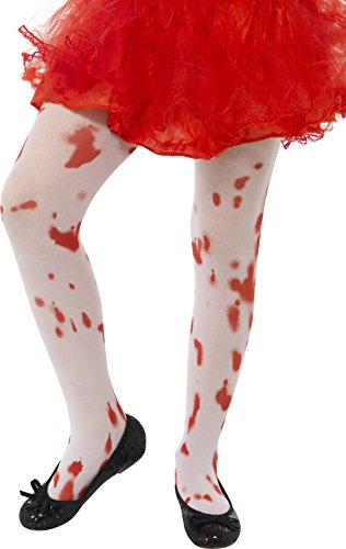 White tights with red splatter design on a model's legs, paired with red skirt.
