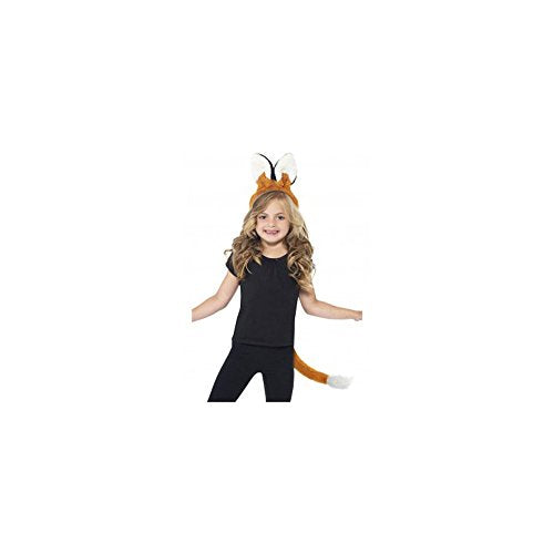 A young girl wearing a fox costume accessory set, including a headband and tail.