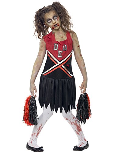Child in a blood-stained zombie cheerleader costume with red pom-poms.