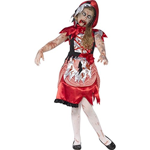 Child in zombie Little Red Riding Hood costume with red cape and dress.