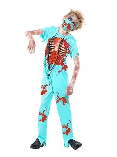 Child in a blue zombie surgeon costume with blood splatters and mask.