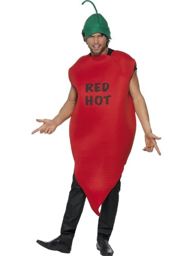 A man wearing a red chilli pepper costume with a green hat.
