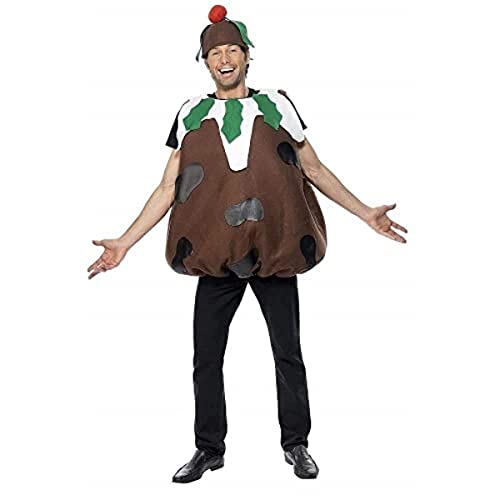 Person wearing a brown Christmas pudding costume with a red berry on top.