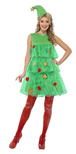 Woman wearing a green, layered Christmas tree costume with star hat.