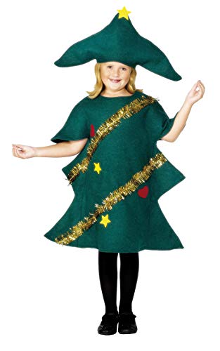 A child wearing a green felt Christmas tree costume with tinsel and star decorations.