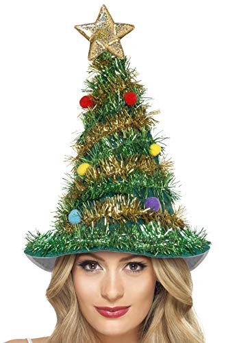 Green Christmas tree hat with gold tinsel and colorful baubles.