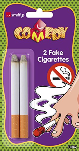 "Purple packaging with two fake cigarettes and a cartoon hand holding a lit cigarette."